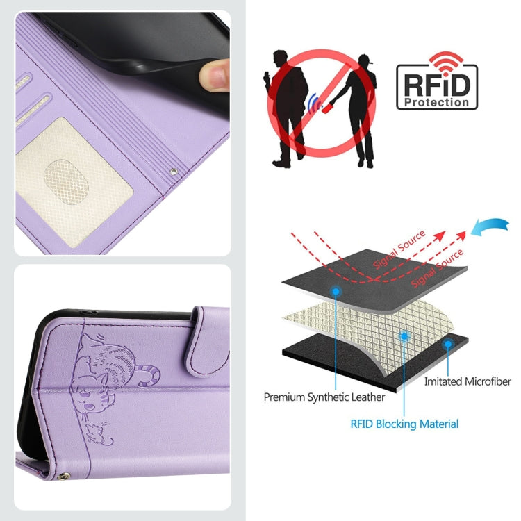 For iPhone 15 Pro Cat Rat Embossed Pattern RFID Leather Phone Case with Lanyard(Purple) - HoMEdemic™ 