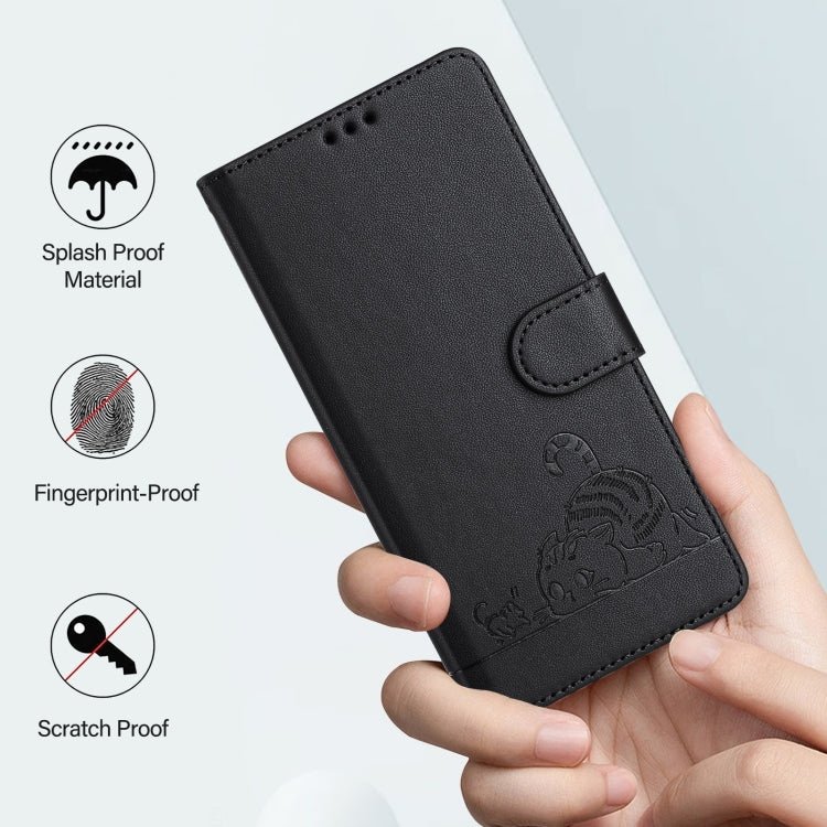 For iPhone 15 Pro Cat Rat Embossed Pattern RFID PU Phone Case with Wrist Strap(Black) - HoMEdemic™ 