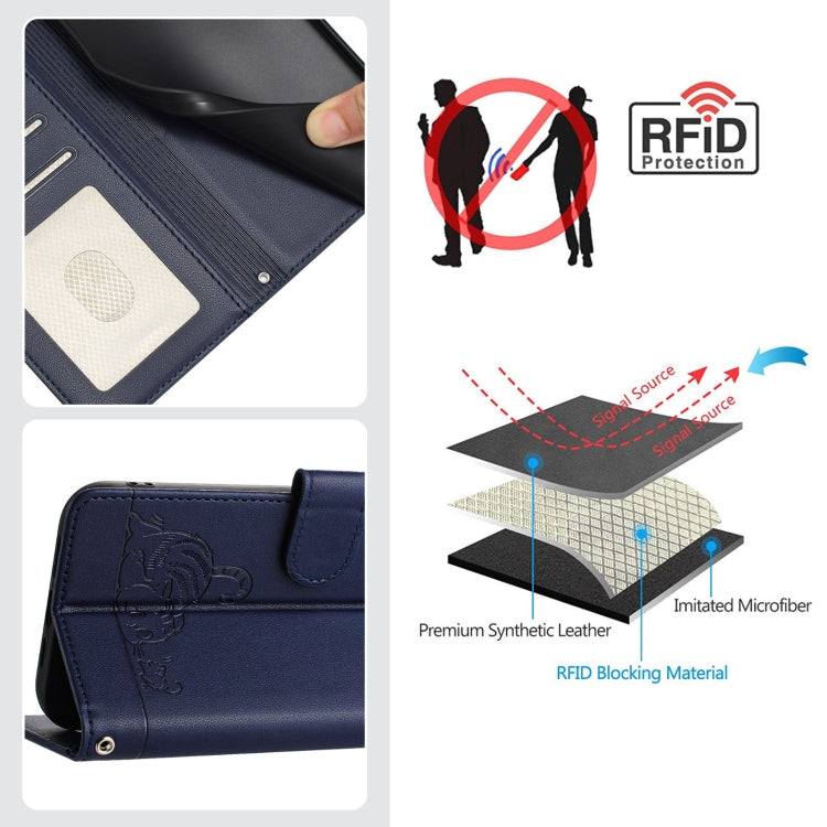 For iPhone 15 Pro Cat Rat Embossed Pattern RFID PU Phone Case with Wrist Strap(Blue) - HoMEdemic™ 