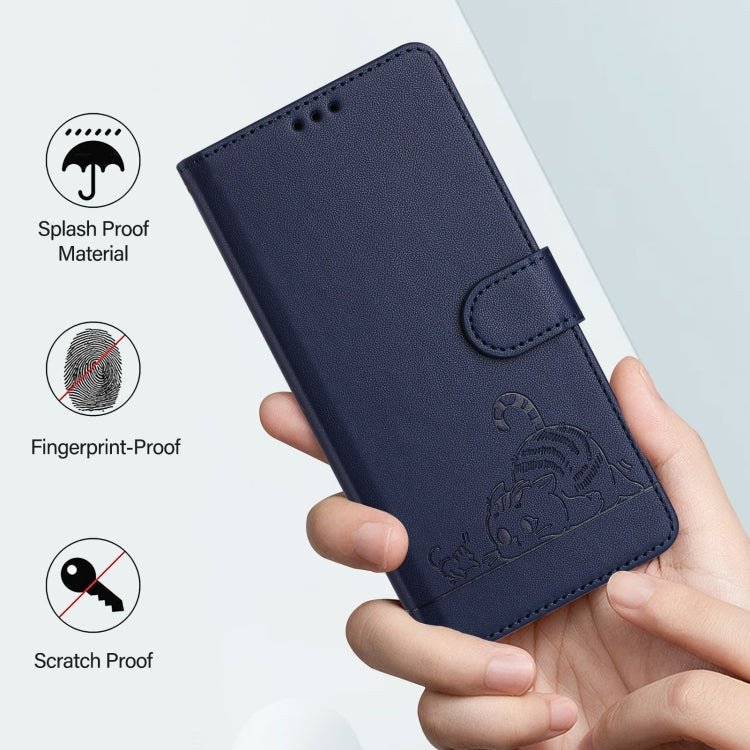 For iPhone 15 Pro Cat Rat Embossed Pattern RFID PU Phone Case with Wrist Strap(Blue) - HoMEdemic™ 