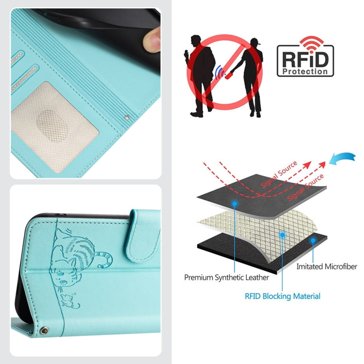 For iPhone 15 Pro Cat Rat Embossed Pattern RFID PU Phone Case with Wrist Strap(Mint Green) - HoMEdemic™ 