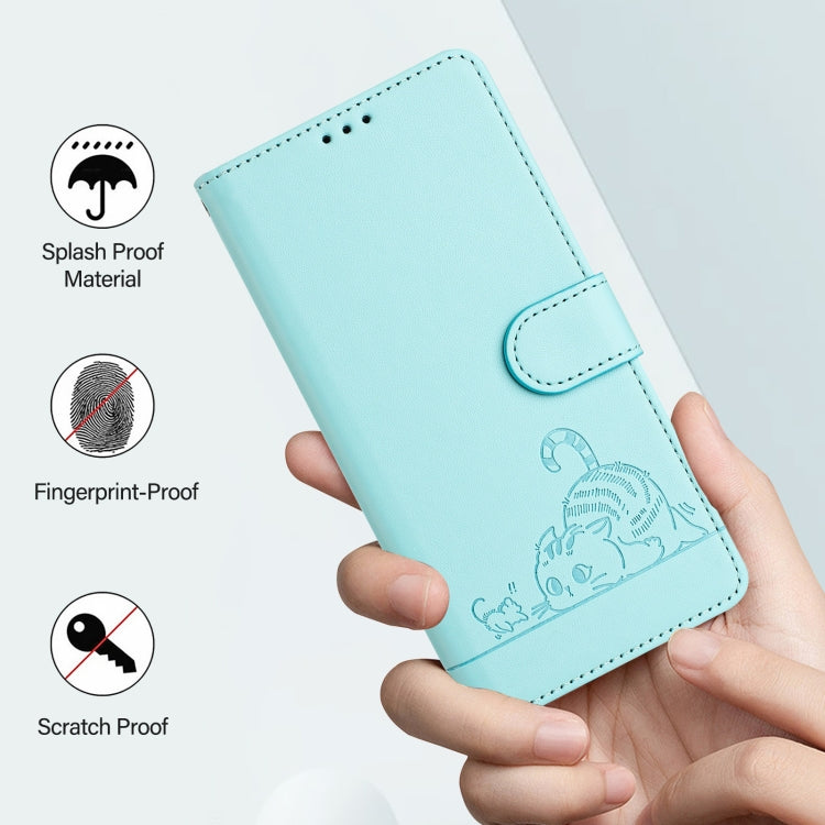 For iPhone 15 Pro Cat Rat Embossed Pattern RFID PU Phone Case with Wrist Strap(Mint Green) - HoMEdemic™ 