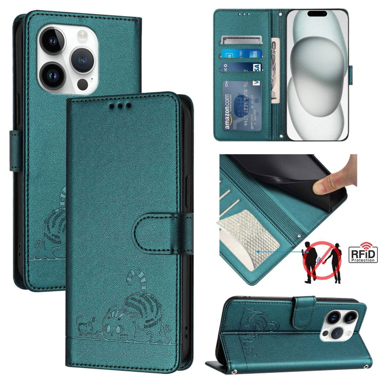 For iPhone 15 Pro Cat Rat Embossed Pattern RFID PU Phone Case with Wrist Strap(Peacock Green) - HoMEdemic™ 