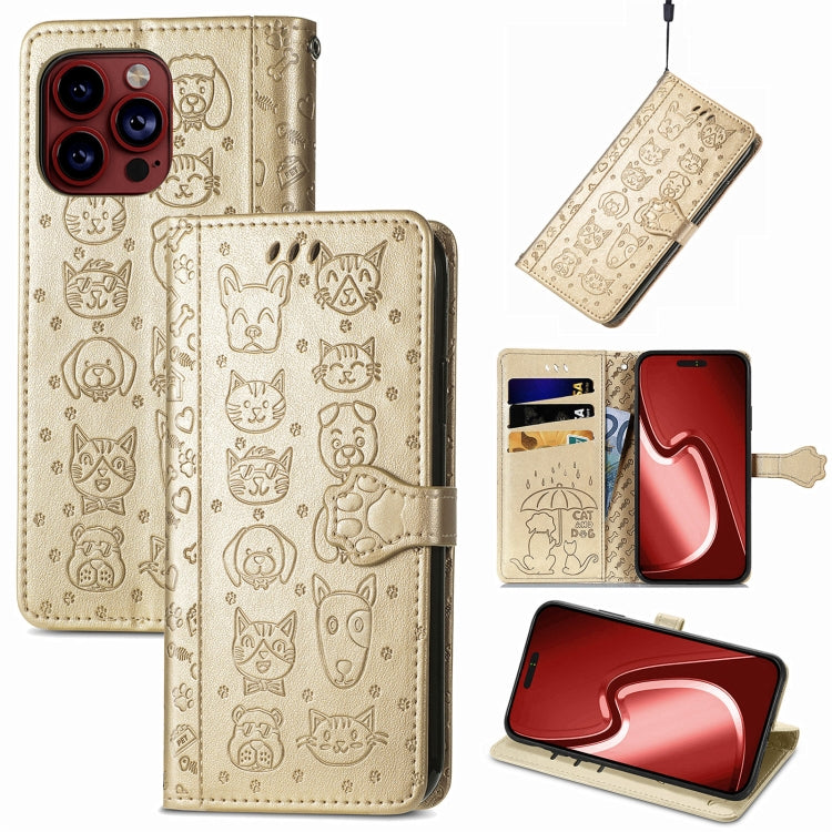 For iPhone 15 Pro Cat and Dog Embossed Leather Phone Case(Gold) - HoMEdemic™ 