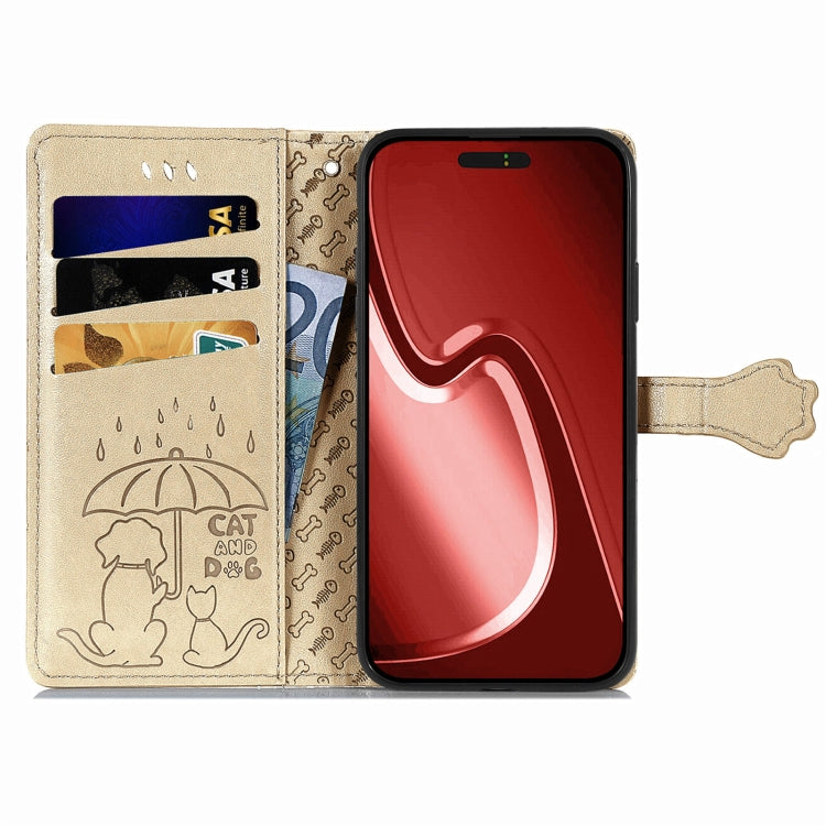 For iPhone 15 Pro Cat and Dog Embossed Leather Phone Case(Gold) - HoMEdemic™ 