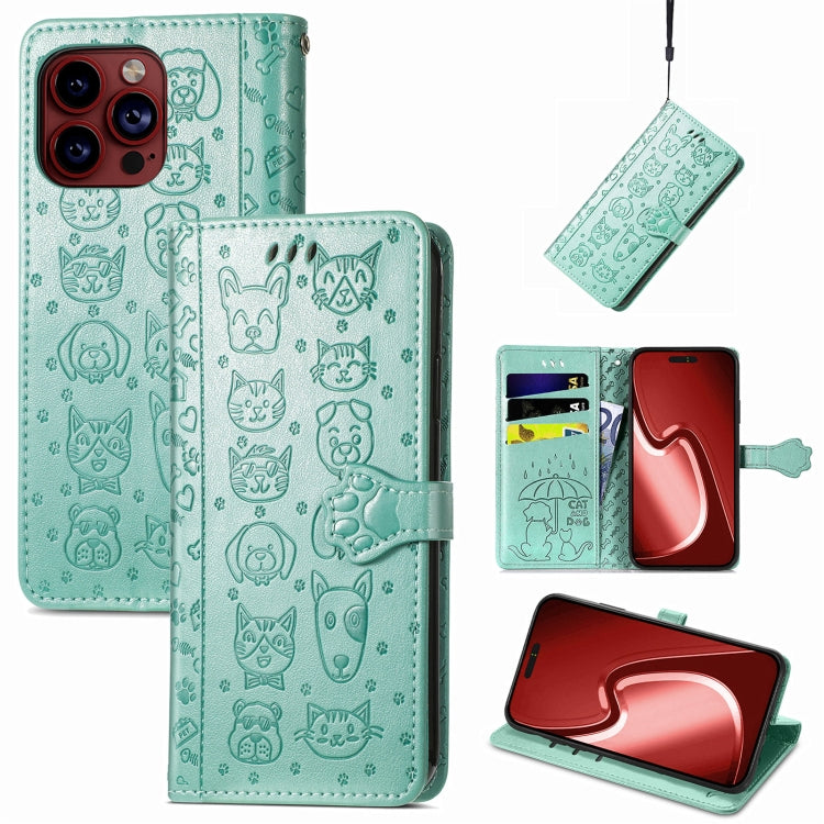 For iPhone 15 Pro Cat and Dog Embossed Leather Phone Case(Green) - HoMEdemic™ 