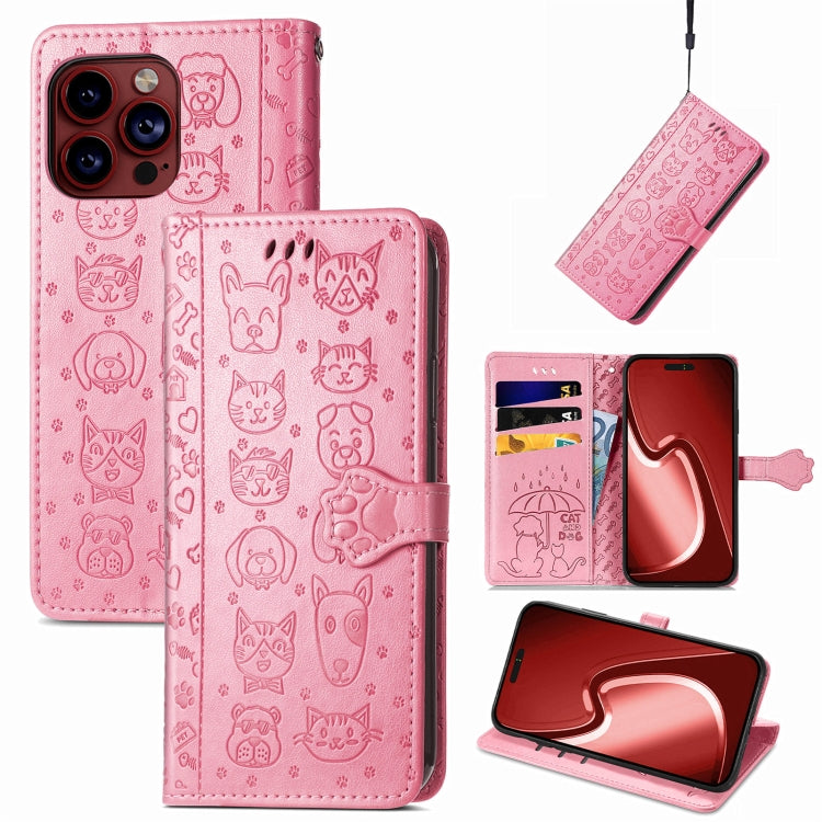 For iPhone 15 Pro Cat and Dog Embossed Leather Phone Case(Pink) - HoMEdemic™ 