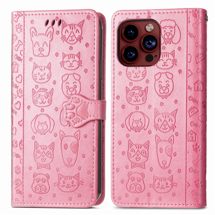 For iPhone 15 Pro Cat and Dog Embossed Leather Phone Case(Pink) - HoMEdemic™ 
