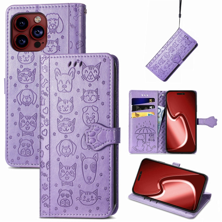 For iPhone 15 Pro Cat and Dog Embossed Leather Phone Case(Purple) - HoMEdemic™ 