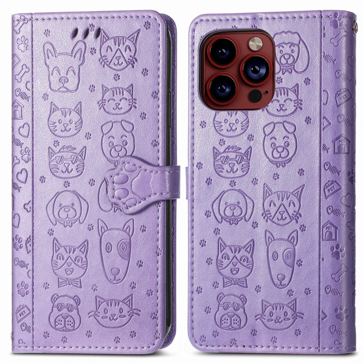 For iPhone 15 Pro Cat and Dog Embossed Leather Phone Case(Purple) - HoMEdemic™ 