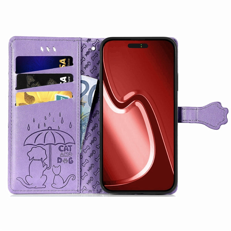 For iPhone 15 Pro Cat and Dog Embossed Leather Phone Case(Purple) - HoMEdemic™ 