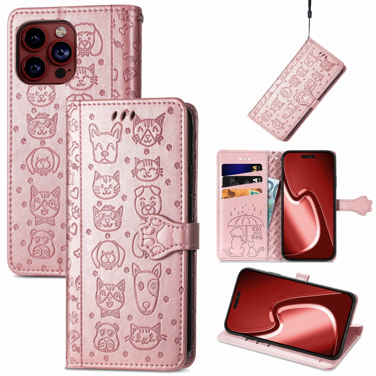 For iPhone 15 Pro Cat and Dog Embossed Leather Phone Case(Rose Gold) - HoMEdemic™ 