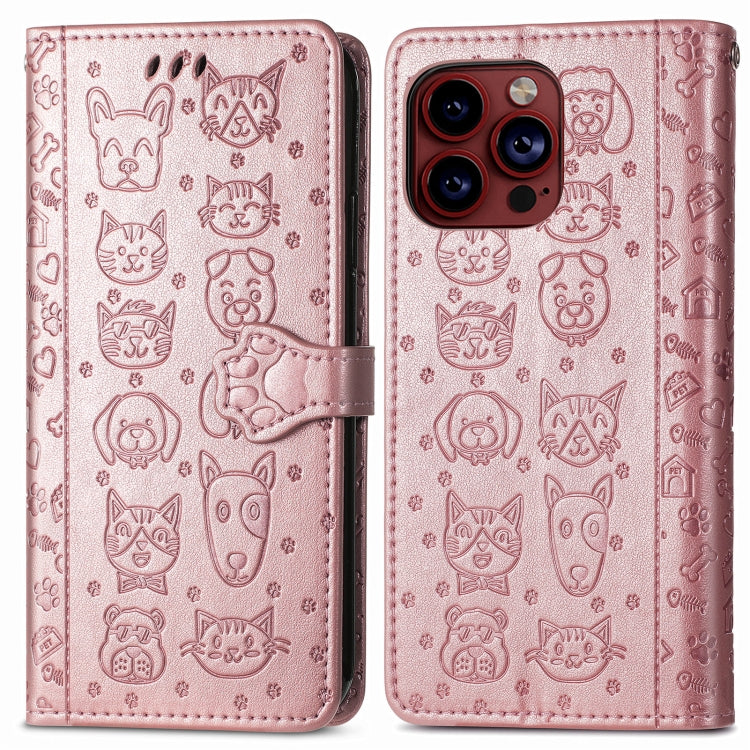 For iPhone 15 Pro Cat and Dog Embossed Leather Phone Case(Rose Gold) - HoMEdemic™ 