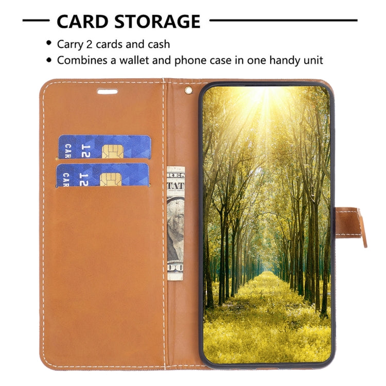 For iPhone 15 Pro Color Block Denim Texture Leather Phone Case(Brown) - HoMEdemic™ 