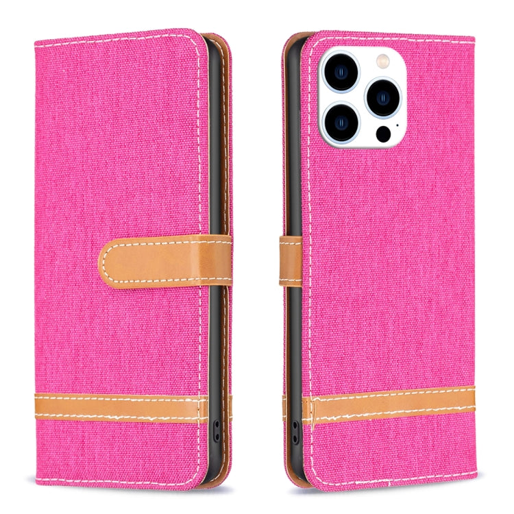 For iPhone 15 Pro Color Block Denim Texture Leather Phone Case(Rose Red) - HoMEdemic™ 