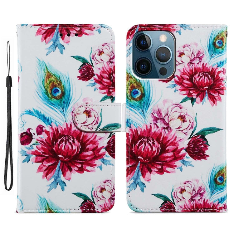 For iPhone 15 Pro Colored Drawing Leather Phone Case(Peacock Flower) - HoMEdemic™ 