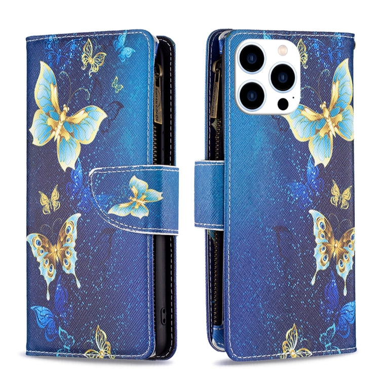 For iPhone 15 Pro Colored Drawing Pattern Zipper Phone Leather Case(Gold Butterfly) - HoMEdemic™ 
