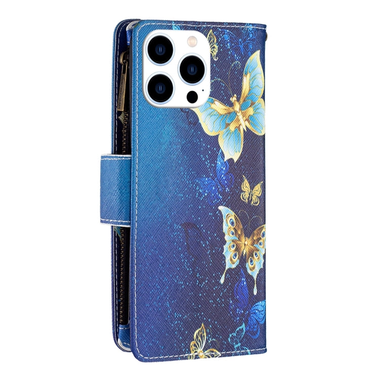 For iPhone 15 Pro Colored Drawing Pattern Zipper Phone Leather Case(Gold Butterfly) - HoMEdemic™ 