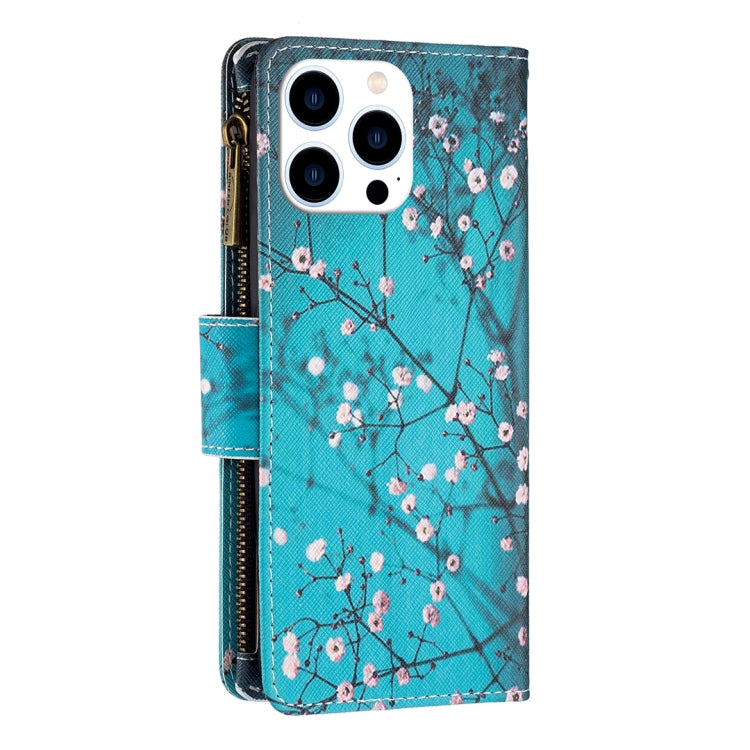 For iPhone 15 Pro Colored Drawing Pattern Zipper Phone Leather Case(Plum Blossom) - HoMEdemic™ 