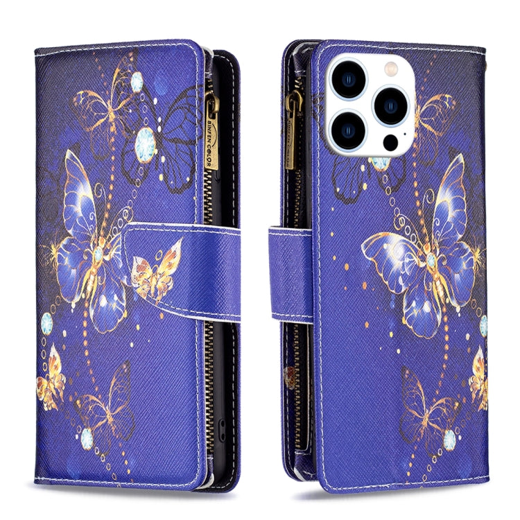 For iPhone 15 Pro Colored Drawing Pattern Zipper Phone Leather Case(Purple Butterfly) - HoMEdemic™ 