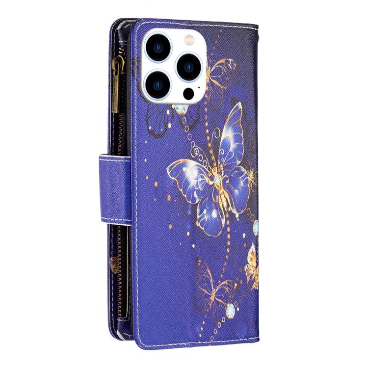 For iPhone 15 Pro Colored Drawing Pattern Zipper Phone Leather Case(Purple Butterfly) - HoMEdemic™ 