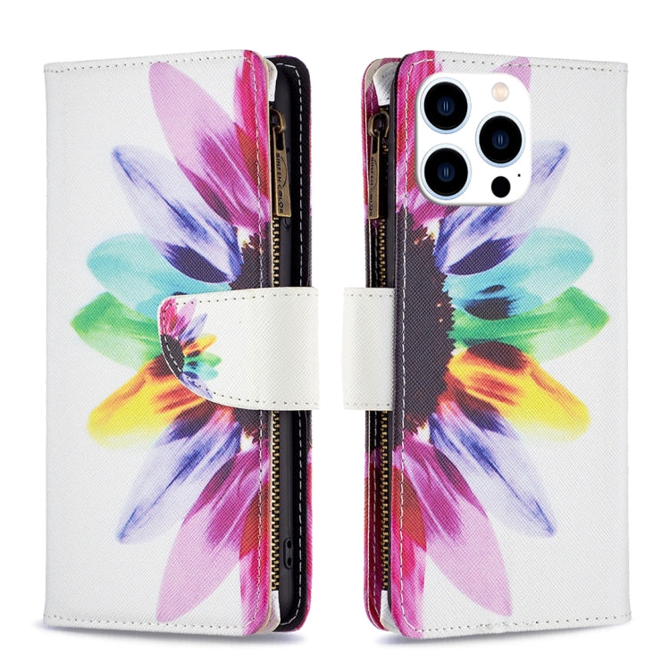 For iPhone 15 Pro Colored Drawing Pattern Zipper Phone Leather Case(Sun Flower) - HoMEdemic™ 