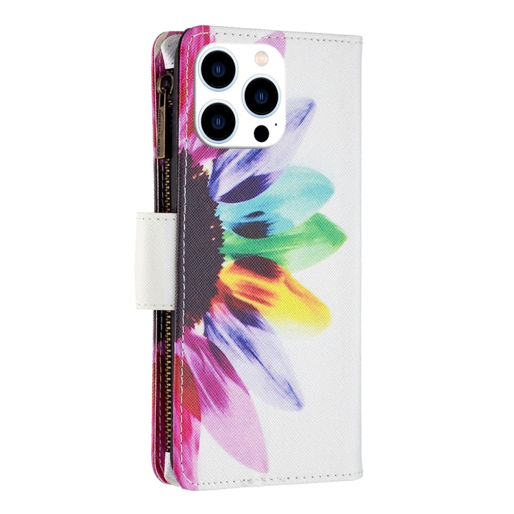 For iPhone 15 Pro Colored Drawing Pattern Zipper Phone Leather Case(Sun Flower) - HoMEdemic™ 