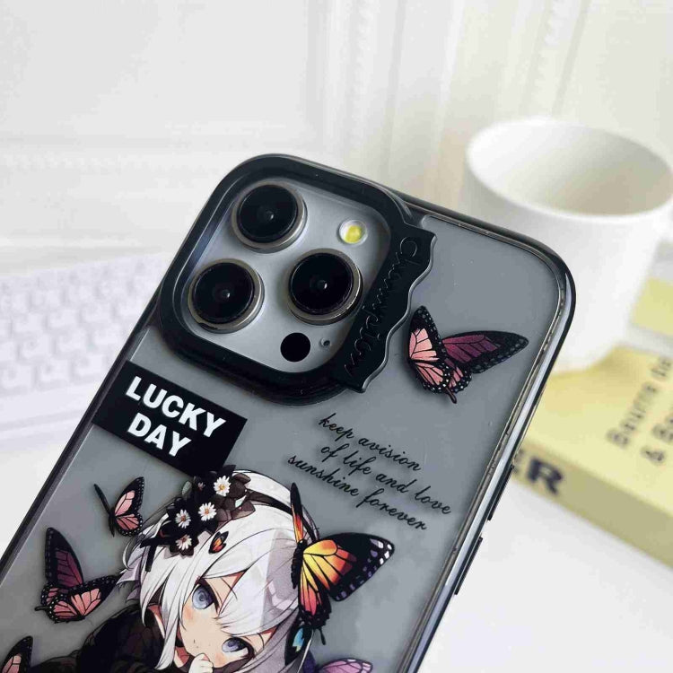 For iPhone 15 Pro Colorful Wave Circle Creative Pattern Phone Case(Orange Butterfly Flower Girl) - HoMEdemic™ 
