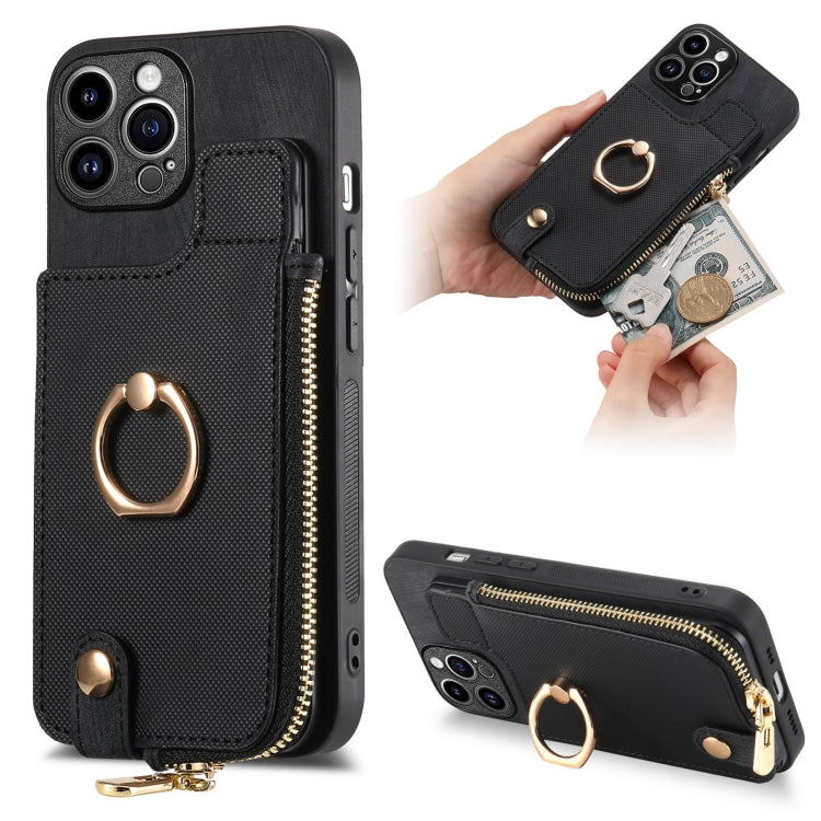 For iPhone 15 Pro Cross Leather Ring Vertical Zipper Wallet Back Phone Case(Black) - HoMEdemic™ 
