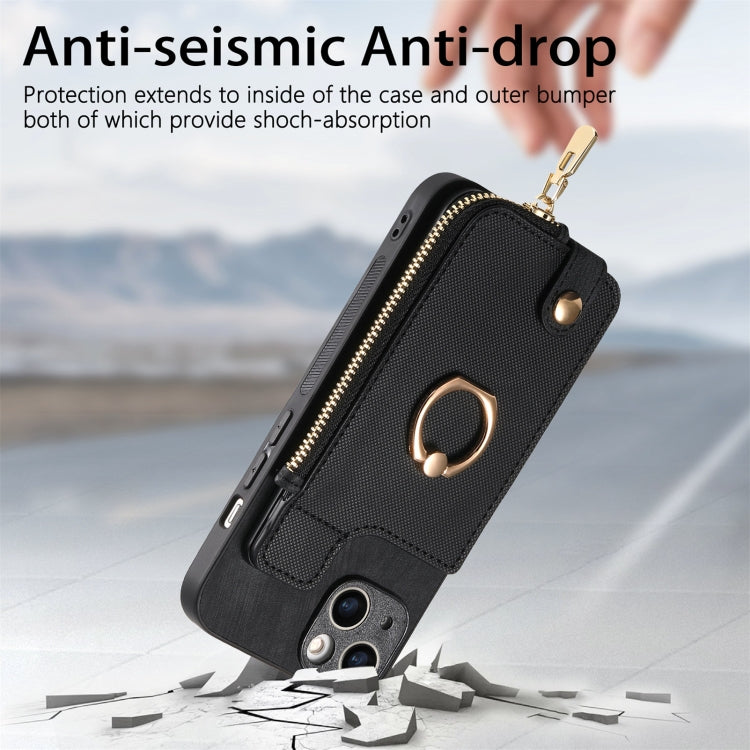 For iPhone 15 Pro Cross Leather Ring Vertical Zipper Wallet Back Phone Case(Black) - HoMEdemic™ 