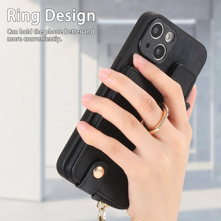 For iPhone 15 Pro Cross Leather Ring Vertical Zipper Wallet Back Phone Case(Black) - HoMEdemic™ 