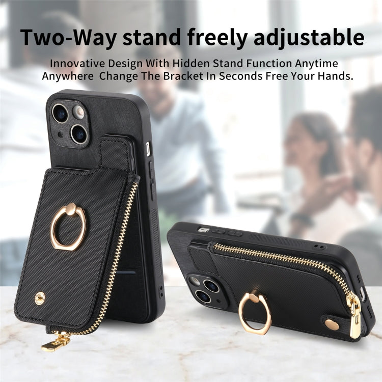 For iPhone 15 Pro Cross Leather Ring Vertical Zipper Wallet Back Phone Case(Black) - HoMEdemic™ 