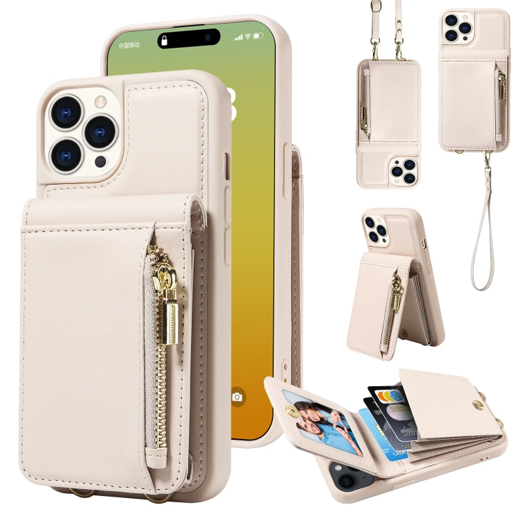For iPhone 15 Pro Crossbody Lanyard Zipper Wallet Leather Phone Case(Beige) - HoMEdemic™ 