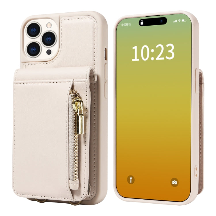 For iPhone 15 Pro Crossbody Lanyard Zipper Wallet Leather Phone Case(Beige) - HoMEdemic™ 