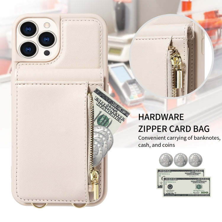 For iPhone 15 Pro Crossbody Lanyard Zipper Wallet Leather Phone Case(Beige) - HoMEdemic™ 