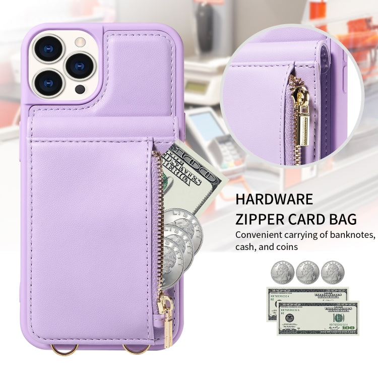 For iPhone 15 Pro Crossbody Lanyard Zipper Wallet Leather Phone Case(Purple) - HoMEdemic™ 
