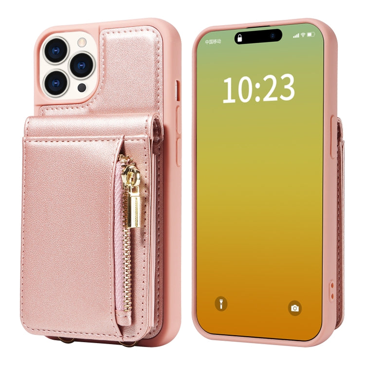 For iPhone 15 Pro Crossbody Lanyard Zipper Wallet Leather Phone Case(Rose Gold) - HoMEdemic™ 