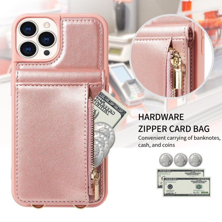 For iPhone 15 Pro Crossbody Lanyard Zipper Wallet Leather Phone Case(Rose Gold) - HoMEdemic™ 
