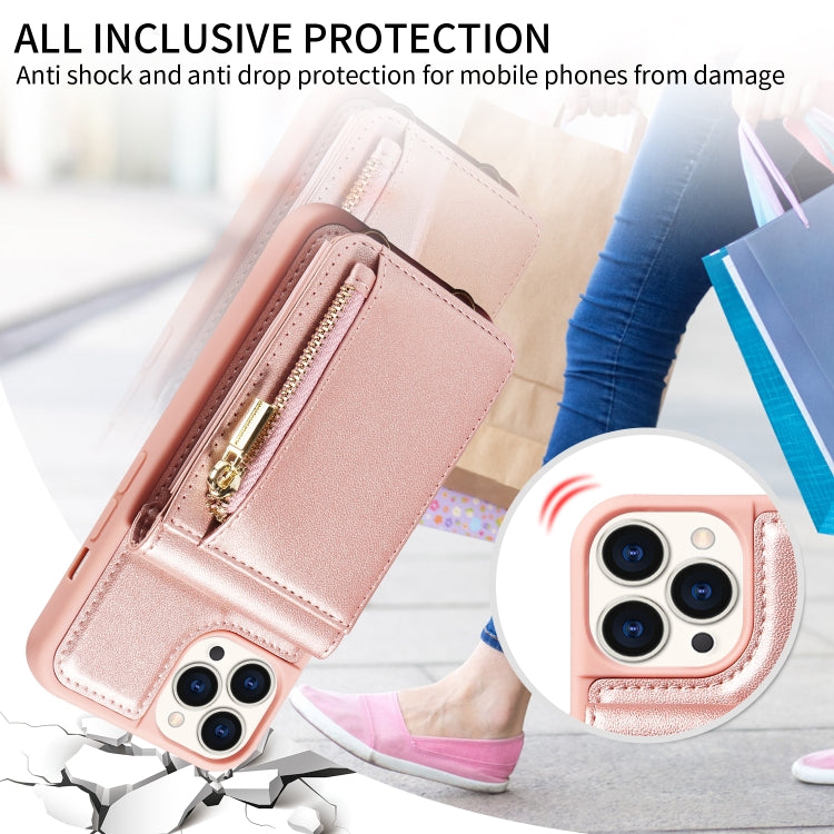 For iPhone 15 Pro Crossbody Lanyard Zipper Wallet Leather Phone Case(Rose Gold) - HoMEdemic™ 