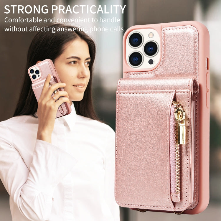 For iPhone 15 Pro Crossbody Lanyard Zipper Wallet Leather Phone Case(Rose Gold) - HoMEdemic™ 