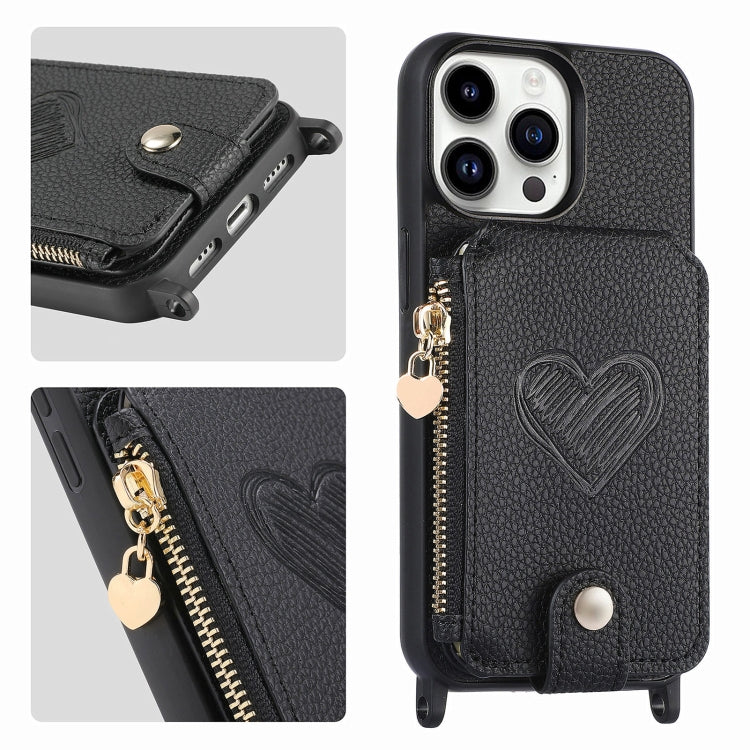 For iPhone 15 Pro Crossbody Love Zipper Leather Back Phone Case(Black) - HoMEdemic™ 