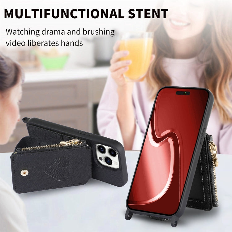 For iPhone 15 Pro Crossbody Love Zipper Leather Back Phone Case(Black) - HoMEdemic™ 