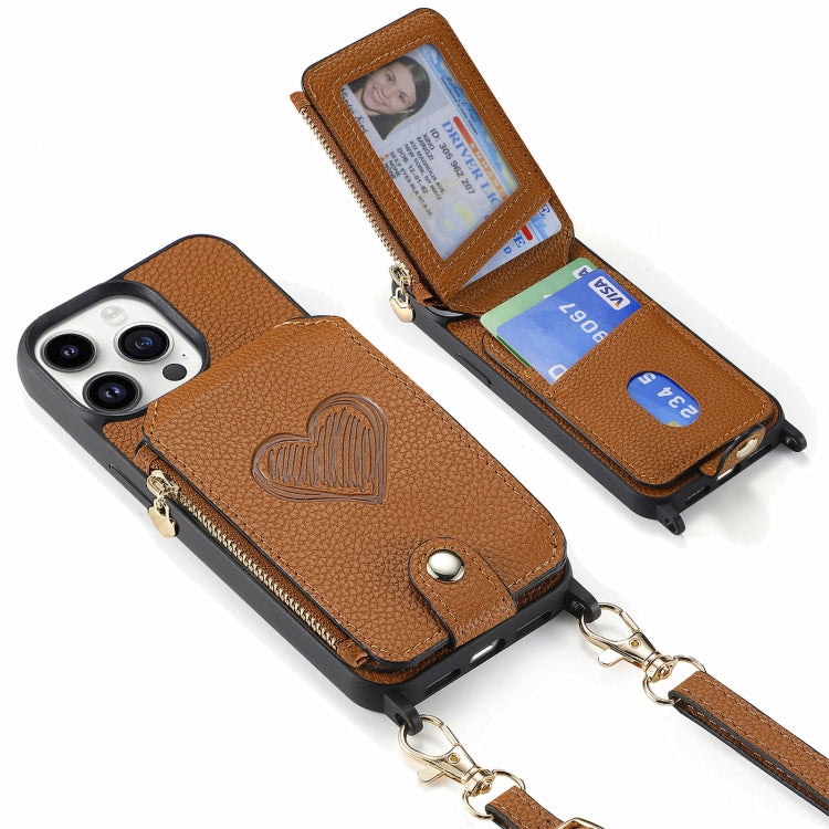 For iPhone 15 Pro Crossbody Love Zipper Leather Back Phone Case(Brown) - HoMEdemic™ 
