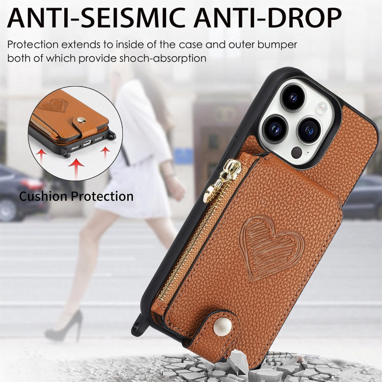 For iPhone 15 Pro Crossbody Love Zipper Leather Back Phone Case(Brown) - HoMEdemic™ 