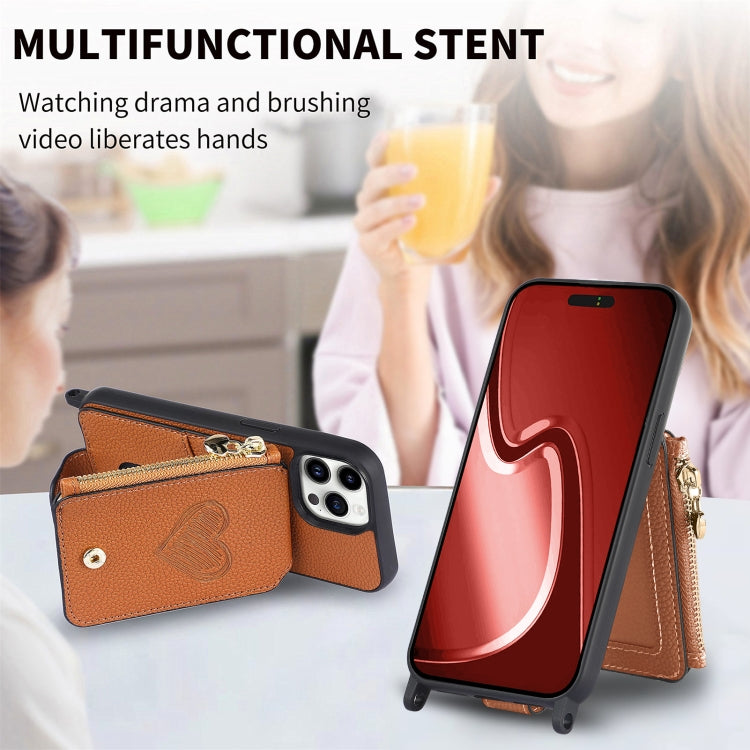 For iPhone 15 Pro Crossbody Love Zipper Leather Back Phone Case(Brown) - HoMEdemic™ 
