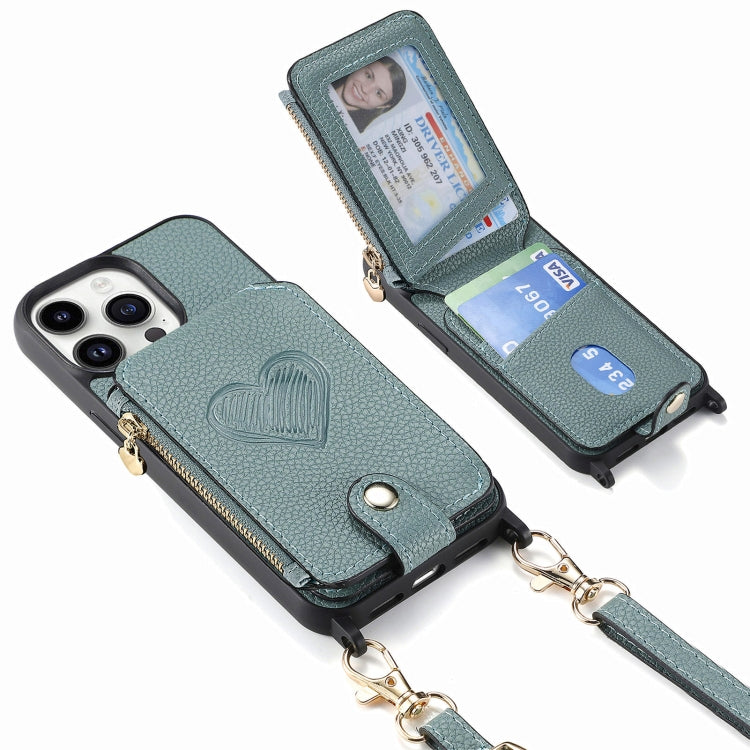 For iPhone 15 Pro Crossbody Love Zipper Leather Back Phone Case(Green) - HoMEdemic™ 