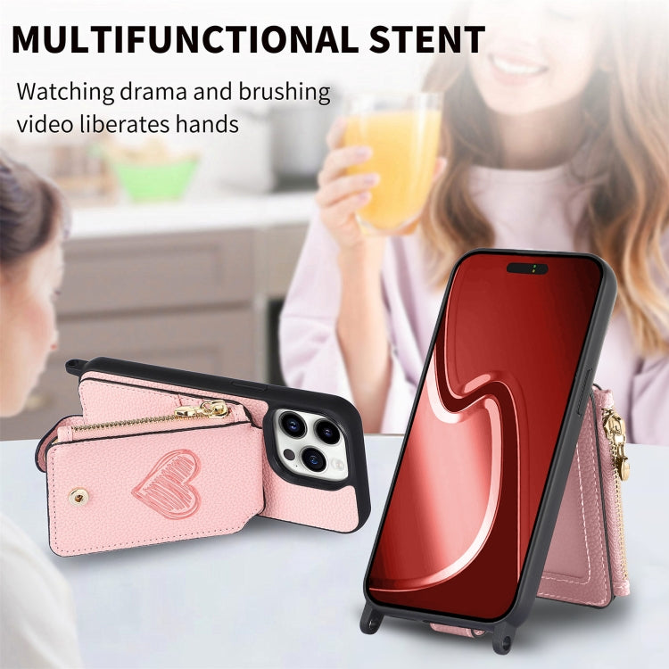 For iPhone 15 Pro Crossbody Love Zipper Leather Back Phone Case(Pink) - HoMEdemic™ 