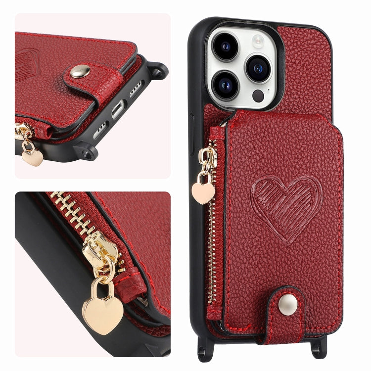 For iPhone 15 Pro Crossbody Love Zipper Leather Back Phone Case(Red) - HoMEdemic™ 