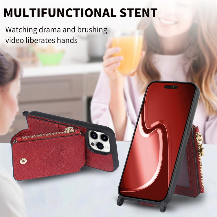 For iPhone 15 Pro Crossbody Love Zipper Leather Back Phone Case(Red) - HoMEdemic™ 
