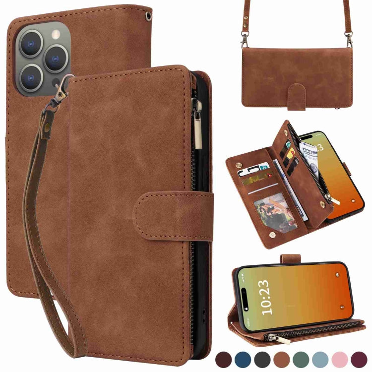 For iPhone 15 Pro Crossbody Multi-card Slot Wallet Zipper Leather Phone Case(Brown) - HoMEdemic™ 